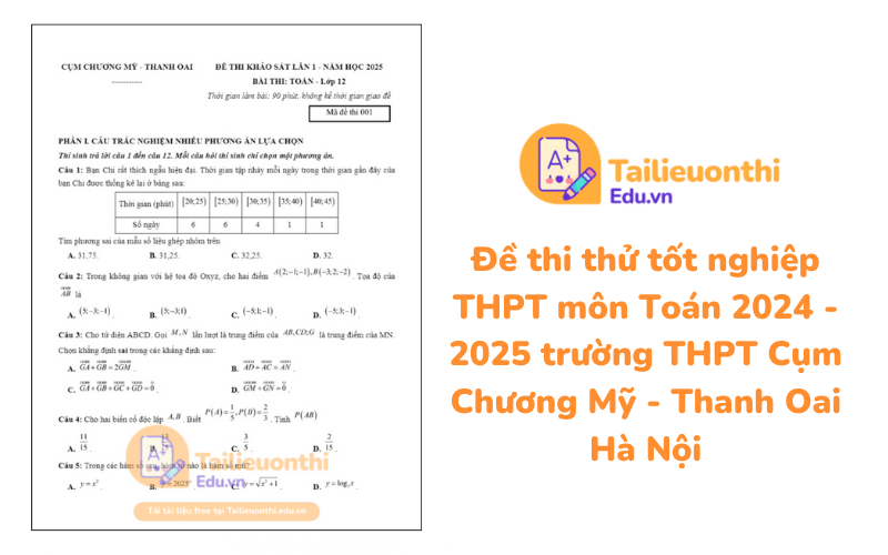 Đề thi thử tốt nghiệp THPT môn Toán 2024 - 2025 trường THPT Cụm Chương Mỹ - Thanh Oai Hà Nội